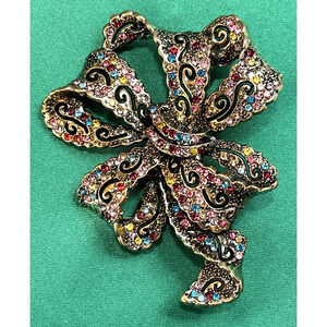 NWOT Multicolor Rhinestone Bow Brooch Pin Gold Toned Enamel Crystal Lapel Pin